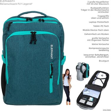 Рюкзак Elephant Fly Legends XL 45 л для ручної поклажі, з відділенням для ноутбука, антикрадій, дорожня сумка для літака та автобуса