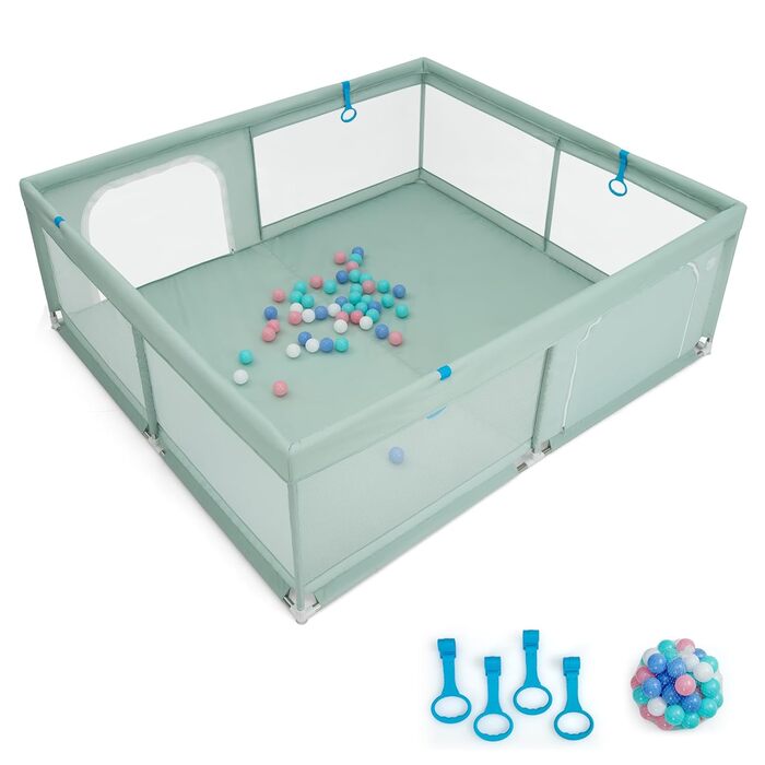 Дитячий манеж DREAMADE 200x180 см з 50 м'ячиками та 4 ручками, складаний, з дихаючим мережем, для дітей 0-36 місяців (зелений)