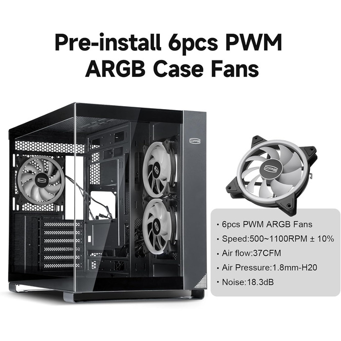 Корпус для ПК CPS C3T500 ARGB Tower ATX, 6x120 мм ARGB вентилятори, сумісний з RTX 40, подвійне загартоване скло, безстійковий дизайн, чорний, PCCOOLER