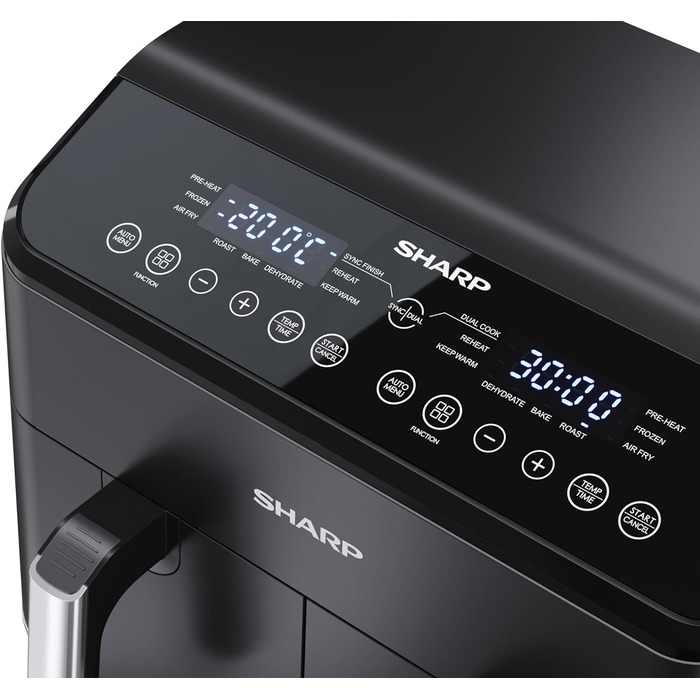 Аерофритюрниця SHARP AF-GD82AE-B з двома відсіками по 4 л, сенсорне керування, 12 програм, 1800 Вт, чорна, приготування без олії