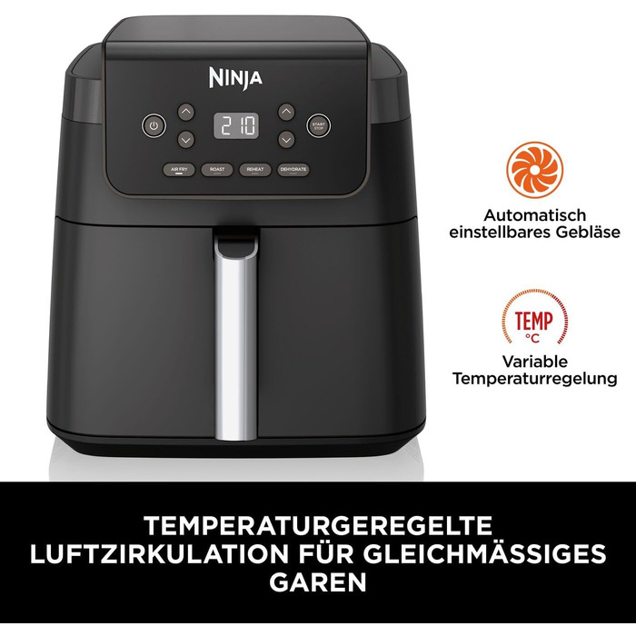 Аерофритюрниця Ninja AF170EU 6,2 л: цифрова мультипіч без олії з антипригарним покриттям, функції смаження, сушіння та розігріву, чорна