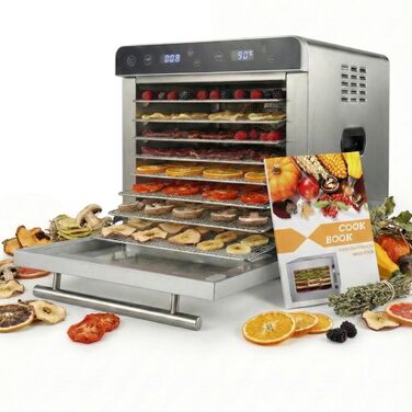 Сушарка для овочів та фруктів Sommertal Silence 700 XXL з нержавіючої сталі - дегідратор з 8 решітками, таймером, LED-дисплеєм, регульованою температурою 35-85°C, 700 Вт, без BPA + книга рецептів