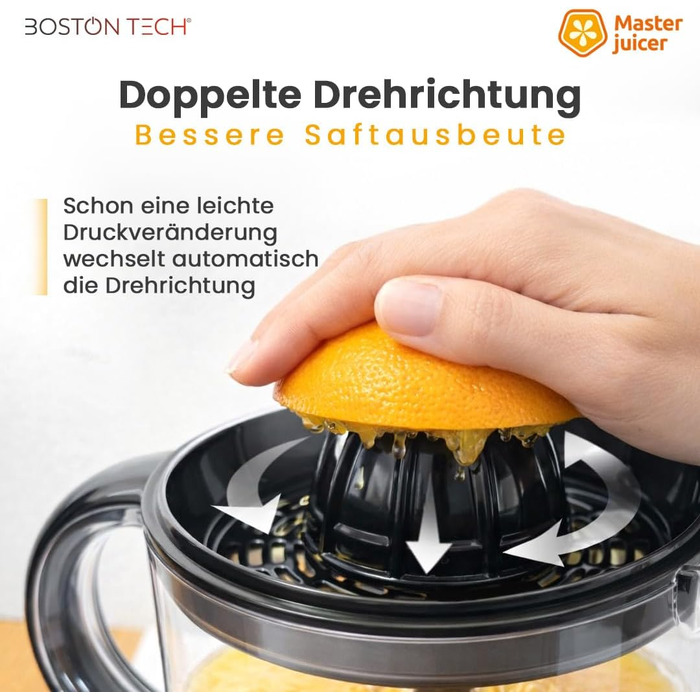 Електрична цитрусовижималка Boston Tech MasterJuicer 700 мл з нержавіючої сталі - 40W, подвійна конусна система, без BPA, висока продуктивність