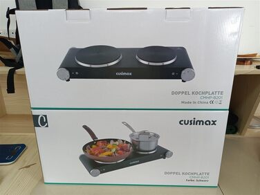 CUSIMAX електрична плита на 2 конфорки з чавунними дисками, подвійне регулювання температури, портативна настільна плита для кемпінгу, захист від перегріву, чорна, нержавіюча сталь, 53×22,8×7,8 см