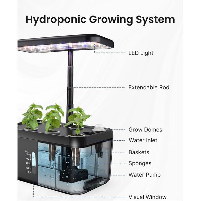 iDOO Система гідропоніки Smart Garden 8 Pods: Розумний сад для вирощування трав та овочів вдома, LED лампа, автоматичний таймер, регульована висота, чорний