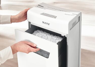 Leitz IQ 10X Premium Protect: Шредер для документів, партіковий зріз, 11-10 аркушів, тихий, компактний, сертифікований, 18л контейнер, для офісу та дому, білий