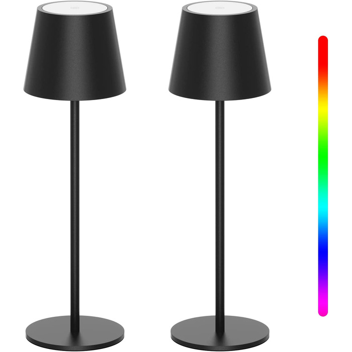 K-Bright LED акумуляторна настільна лампа, димована, бездротова, тепле світло 3000K+RGB, USB-C, алюміній, IP54, чорна, 2 шт.