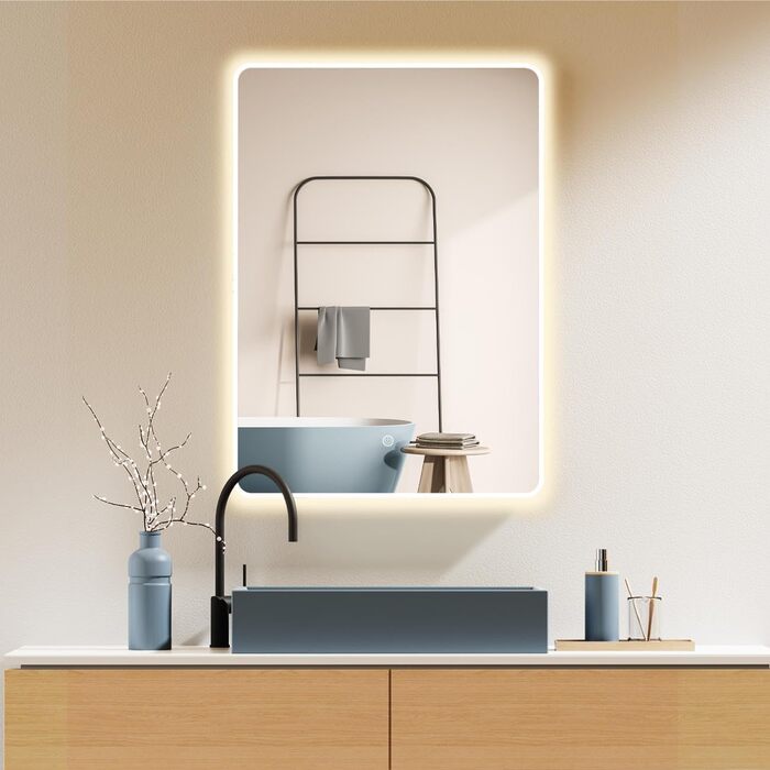 Дзеркало для ванної кімнати HOKO LED Texas 60x80 см з підсвічуванням, підігрівом проти запотівання та чорним металевим каркасом. Можливість монтажу HOCH+QUER. Сенсорне управління, перемикання світла 2700-6500K (тепле, холодне, нейтральне біле світло).