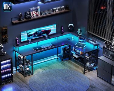 Ігровий кутовий стіл ODK Gaming з LED-підсвіткою та USB-портом, вуглецеве покриття, 168×120 см, чорний