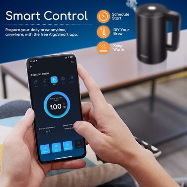 Розумний електрочайник Aigostar з Wi-Fi, регулювання температури 40-100°C, 1,7 л, подвійна стінка, нержавіюча сталь, сумісний з Alexa, функція підтримки тепла, чорний, безшумний, бездротовий