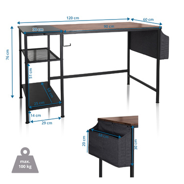 Робочий стіл / письмовий стіл WORKSPACE H I 120 x 60 см з бічною полицею, чорний / коричневий hjh OFFICE