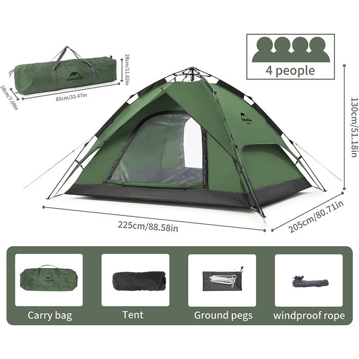 Намет Naturehike Pop Up автоматичний, для кемпінгу, 3-4 особи, двошаровий купольний сімейний намет з сумкою для перенесення