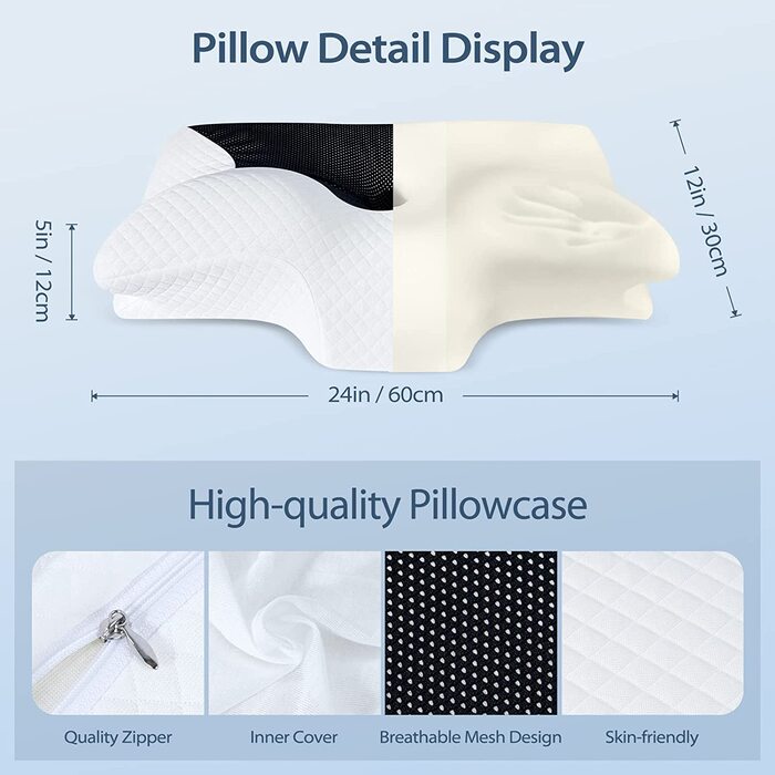 Ортопедична подушка HOMCA з піни Memory Foam, ергономічна подушка для підтримки шиї та голови, для сну на боці, спині та животі, знімний чохол, чорна, 60x35x8/12 см