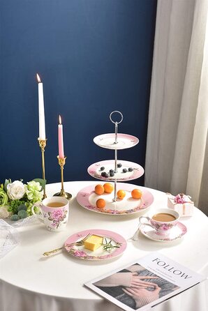 Чашка та блюдце з порцеляни Shabby Chic, 19,1 см, десертна тарілка, вінтаж, птах, метелик, квіти, подарункова коробка (рожевий)