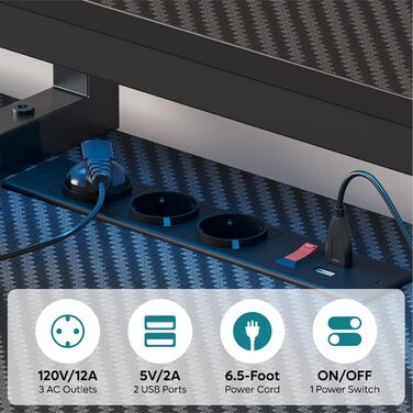 Ігровий стіл Bestier L-подібний 181x80 см з LED підсвіткою, розетками та USB, чорний карбон