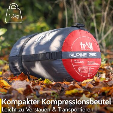 Туристичний спальний мішок Trail-Alpin з капюшоном, 3-сезонний, легкий (250 г) з компресійним мішком для зберігання, червоний
