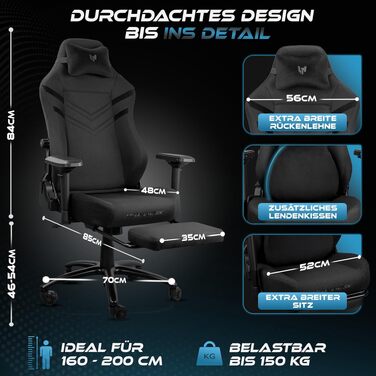 Ігрове крісло Ultimatrix FURY Ergonomic: з підтримкою попереку, 4D-підлокітниками, підніжкою та дихаючою тканиною, витримує до 150 кг, чорне
