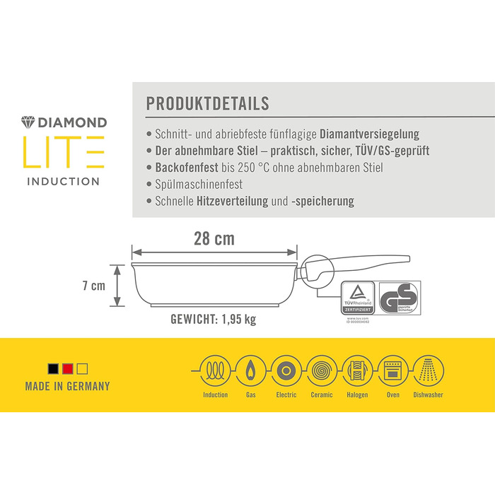 Сковорода Woll Diamond Lite 28 см, антипригарна, знімна ручка, алюмінієвий литий корпус, для всіх плит, індукція, духовка, антрацит
