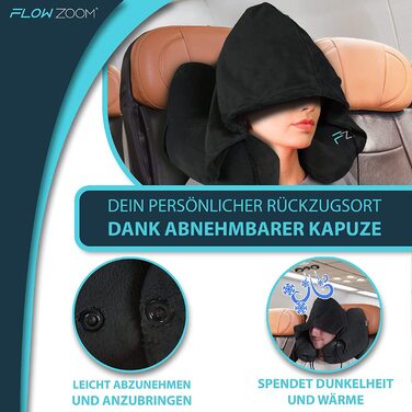 Надувна подушка для шиї FLOWZOOM AIR з капюшоном, чорна, розмір L – дорожня подушка для подорожей літаком, для дорослих, швидке надування