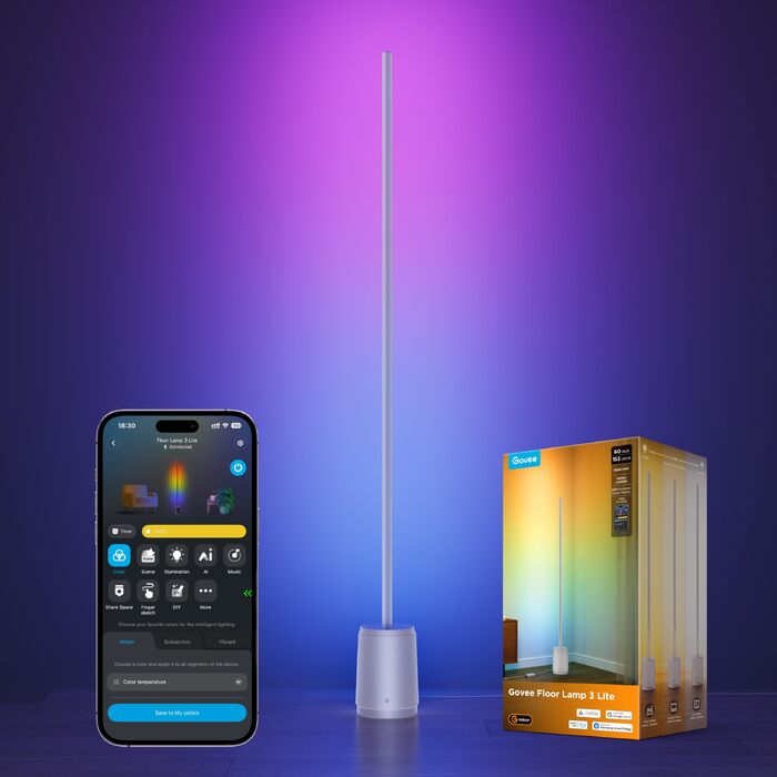Розумна торшерна лампа Govee Stehlampe 3 Lite RGBICWW, 1400 лм, регульована яскравість, висота 152 см, срібляста