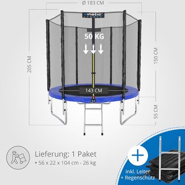 Батут вуличний KINETIC SPORTS Salto Plus Ø183 см з сіткою, драбиною та захисним покриттям - для дітей