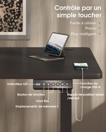 Регульований стіл Devoko 160x80 см з висувними ящиками, USB-порт, органайзер для кабелів, стіл для комп'ютера з 3-ма режимами пам'яті, білий (чорний)