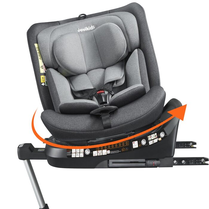 Дитяче автокрісло Jovikids 360° з ISOFIX, i-Size 40-150 см, для дітей від народження до 12 років, реверсивне, з функцією лежання, знімним козирком, сертифікат ECE R129, темно-сіре