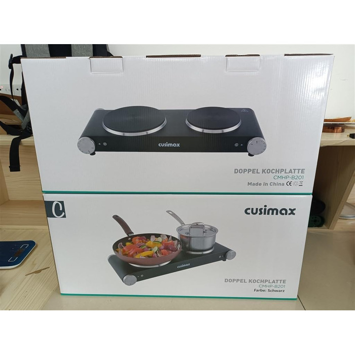 CUSIMAX електрична плита на 2 конфорки з чавунними дисками, подвійне регулювання температури, портативна настільна плита для кемпінгу, захист від перегріву, чорна, нержавіюча сталь, 53×22,8×7,8 см