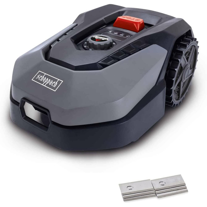 Газонокосарка-робот Scheppach RLM500W для газонів до 500 м², WiFi, Bluetooth, сенсор дощу, 18 см ширина зрізу, 20-60 мм висота, 35% нахил, комплект з запасними лезами та станцією