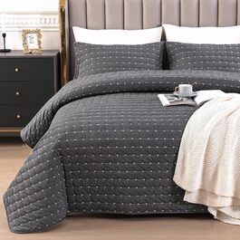 Покривало Qucover 220x240 см темно-сіре, бавовна, ультра м'яке, з вишивкою, стьобане, з 2 наволочками 50x75 см, на ліжко або диван