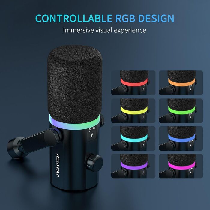 FEELWORLD PM1 Динамічний мікрофон XLR/USB з RGB-підсвічуванням для подкастів, геймінгу та YouTube. Комплект з підставкою та кабелем