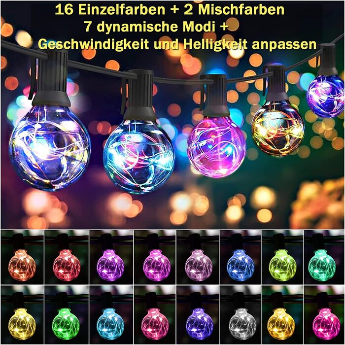 Гірлянда 30 LED для вулиці, кольорова, 9 м, 16+ кольорів, водонепроникна IP65, G40, з пультом ДУ, для саду, балкона, весілля, вечірки