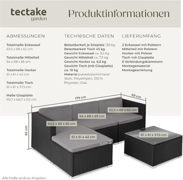 Комплект садових меблів з поліротангу tectake®: диван, крісла, пуф, стіл, модульний, для 3-4 осіб, чорний, для тераси, балкона, саду, стійкий до погодних умов