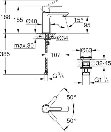 Змішувач для ванної кімнати GROHE Lineare, водозберігаючий, хром, 18 см, XS
