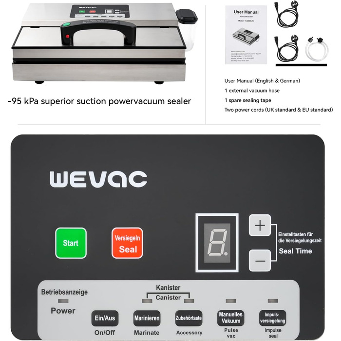 Wevac Вакууматор професійний нержавіюча сталь, 30 см, 16 л/хв, регульована потужність, для сухих та вологих продуктів