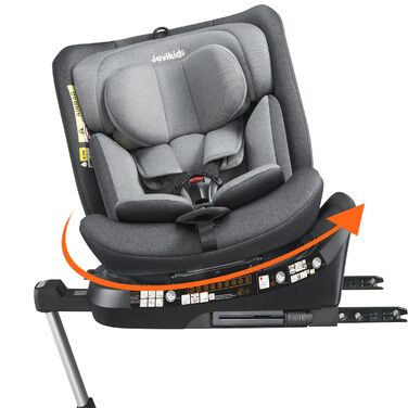 Дитяче автокрісло Jovikids 360° з ISOFIX, i-Size 40-150 см, для дітей від народження до 12 років, реверсивне, з функцією лежання, знімним козирком, сертифікат ECE R129, темно-сіре