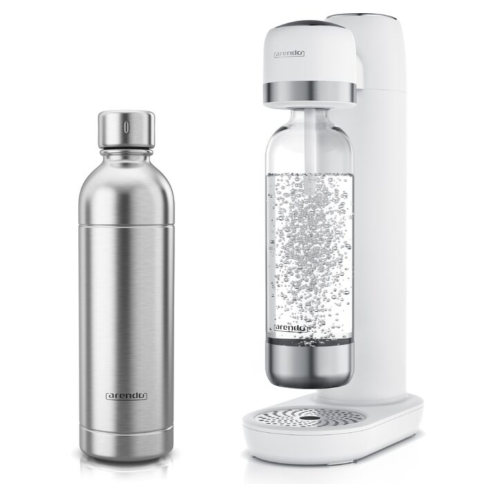 Сифон для газування води Arendo Soda Maker, набір з двома пляшками (1л пластикова BPA-free та 1л зі сталі), сумісний з циліндрами CO2 60л, білий