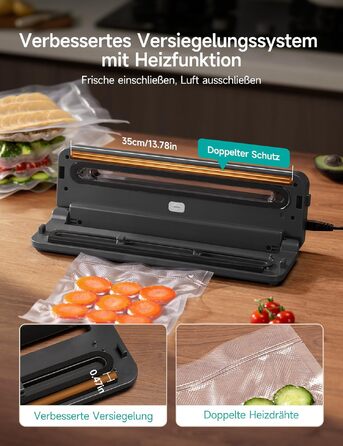 Вакуумний пакувальник HiCOZY для продуктів: подвійне запаювання, сухі та вологі продукти, 10 пакетів, вбудований ніж, сірий