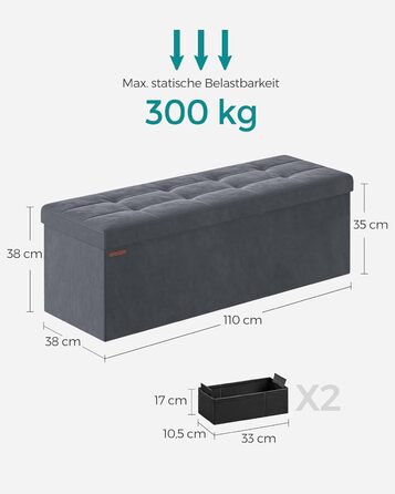 Складаний пуф SONGMICS з місцем для зберігання, оксамитовий, 110x38x38 см, до 300 кг, сіро-грифельний, для вітальні, спальні, передпокою