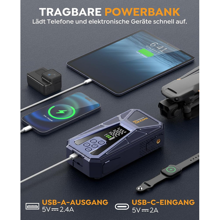 Пусковий пристрій (бустер) 8000A з компресором 160 PSI, Powerbank 12V для бензинових та дизельних двигунів до 12.0L, портативний стартер з LED-ліхтарем 600LM та кабелями