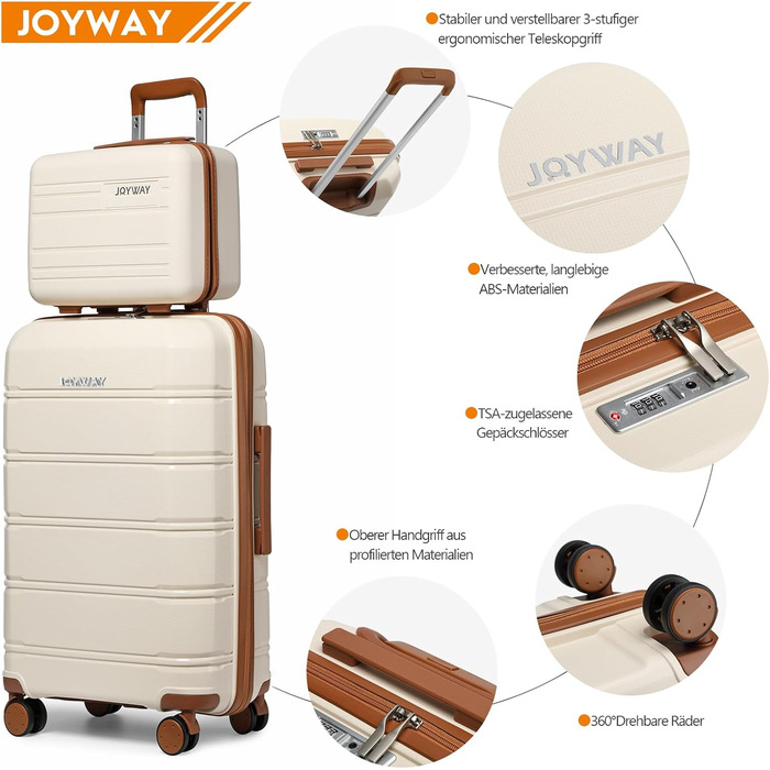 Набір валіз Joyway 5шт з жорстким корпусом, 4 колеса та TSA-замок. В комплекті: косметичка та сумка. (Білий/Коричневий)