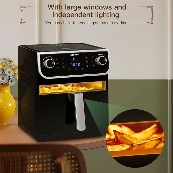 Aigostar аерофритюрниця 8 л XXL з віконцем, 1700 Вт, 12 програм, подвійний кошик, сенсорний дисплей, BPA-free, срібляста