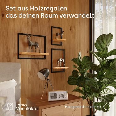 Набір полиць LAMO Wandregal Holz 3 шт. - Плаваючі настінні полиці з масиву дерева з прихованим кріпленням - Кухня, Ванна, Вітальня - Полиця в рустикальному стилі - Висока міцність, колір Горіх/Чорний