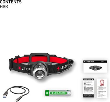 Налобний ліхтар Ledlenser H8R, 600 люмен, акумуляторний, до 120 годин, червоне підсвічування, LED, з зарядкою, у коробці
