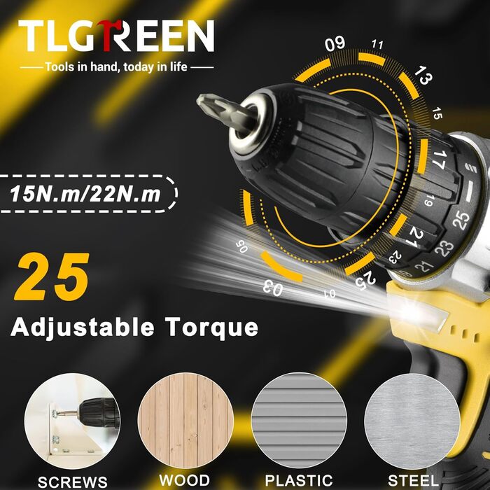 Набір інструментів TLGREEN з акумуляторною викруткою 12V, 138 предметів у кейсі для ремонту та побутових робіт (жовтий)