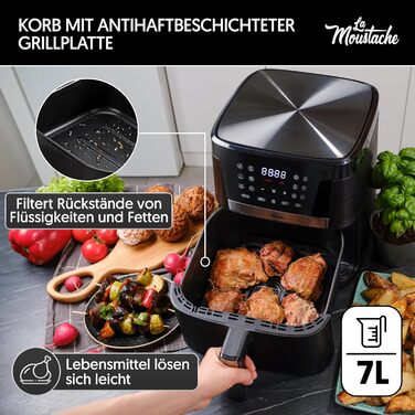 La Moustache Pro Smart Фритюрниця без олії 7 л, 1800 Вт, 12 програм, цифрове управління, антипригарна, з таймером, чорна, з електронною книгою рецептів