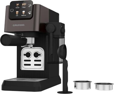 Еспресо-кавоварка GRUNDIG KSM 5330 з молочним контейнером, 1628 Вт, 15 бар, двійна насадка, сенсорний дисплей, BrewSense, CreamyPro, нержавіюча сталь/чорна