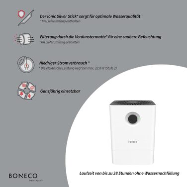 Зволожувач та мийка повітря BONECO W200, 4,5 л, для приміщень до 50 м², дуже тихий (27 дБ), 2 режими, авто-вимкнення, білий