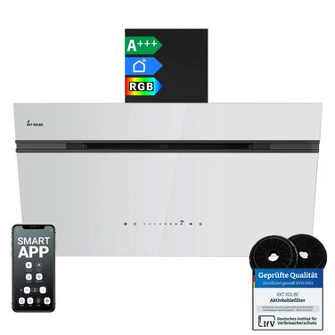 Витяжка для кухні KKT KOLBE AURORA6005FB 90 см, чорна з білим склом, потужність 782 м³/год, WiFi, RGBW LED-підсвітка, сенсорне керування, режим рециркуляції та відведення
