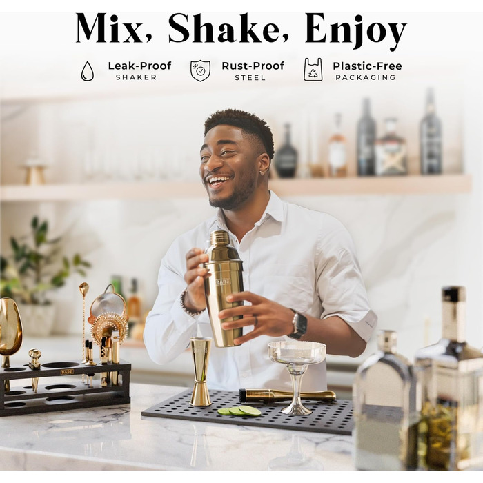 Набір для коктейлів BARE BARREL Mixology Barkeeper Set, 16 предметів, з коблер-шейкером 24oz та 35 картками рецептів, золотий/чорний
